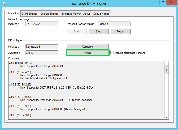 Exchange DKIM Signer install screen