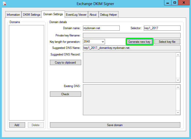 Exchange DKIM Signer generate new key screen